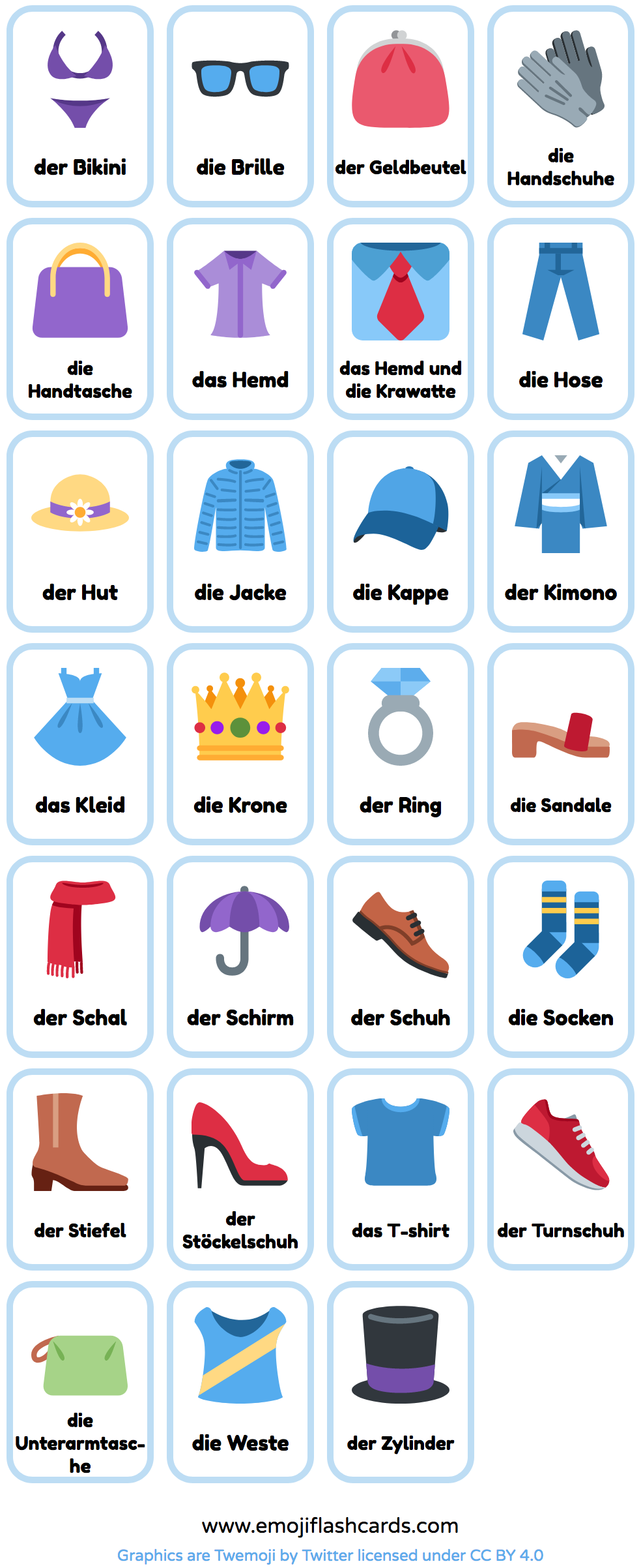 German Clothes Printable Flashcards